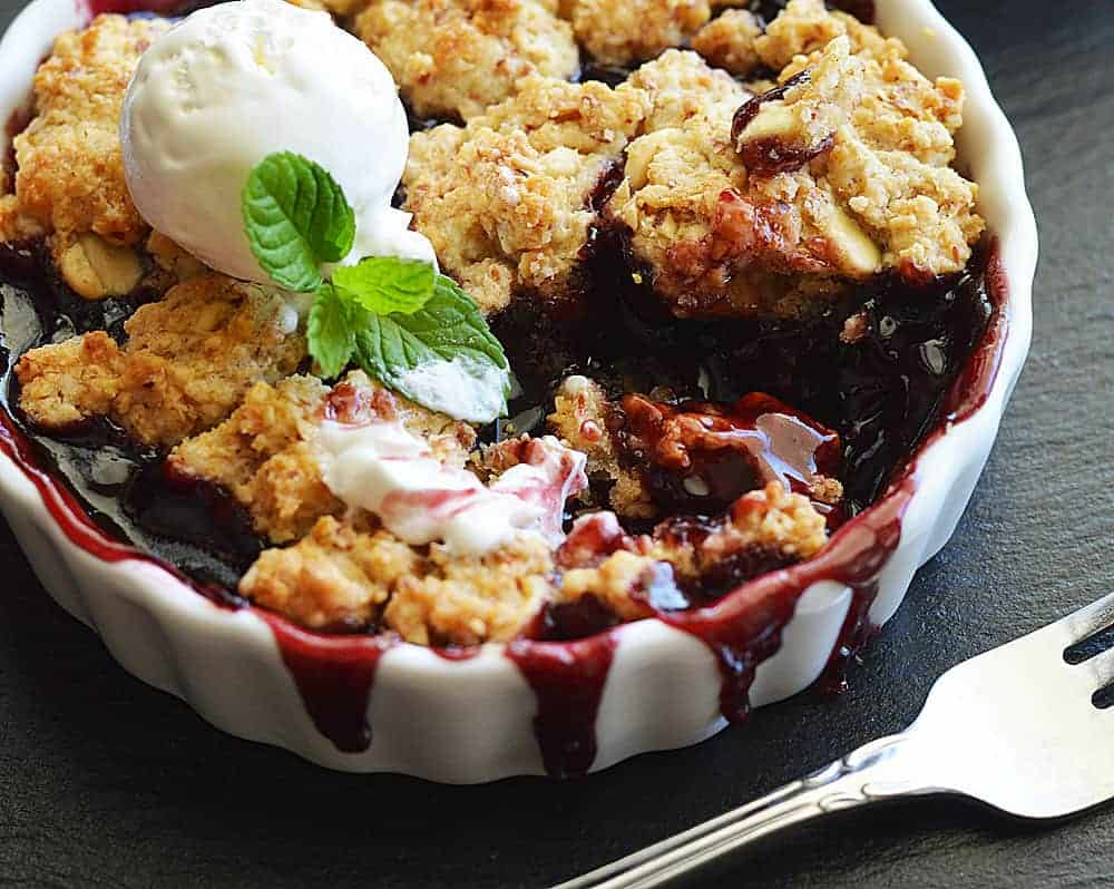 Cherry Cobbler with White Chocolate Almond Biscuit Topping