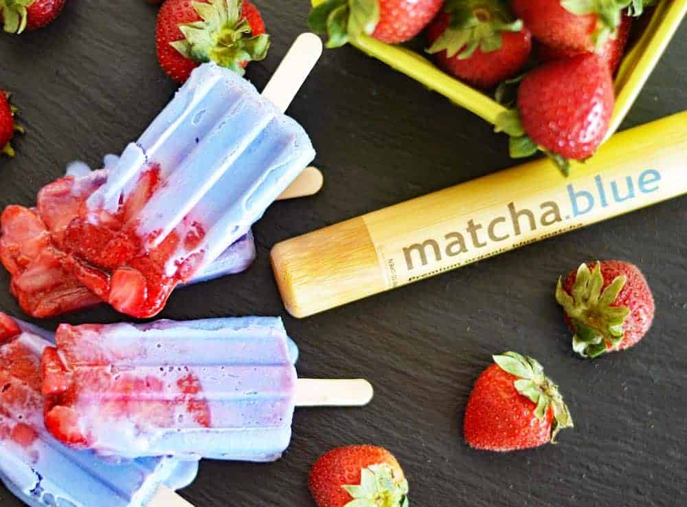 Roasted Strawberry & Blue Matcha Popsicles