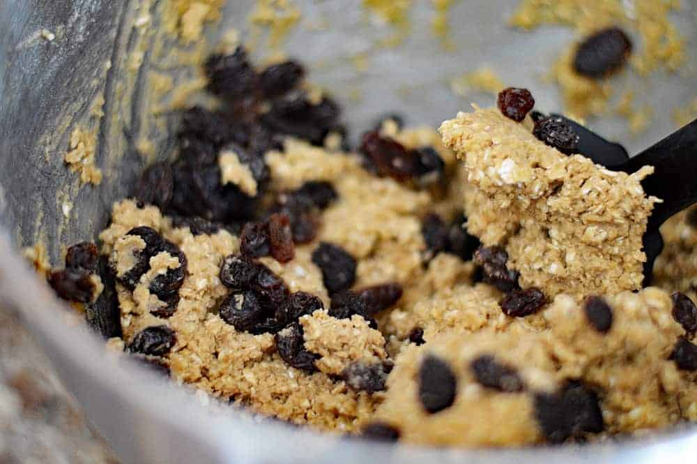 Adding raising to the batter for Big & Chewy Vegan Oatmeal Raisin Cookies