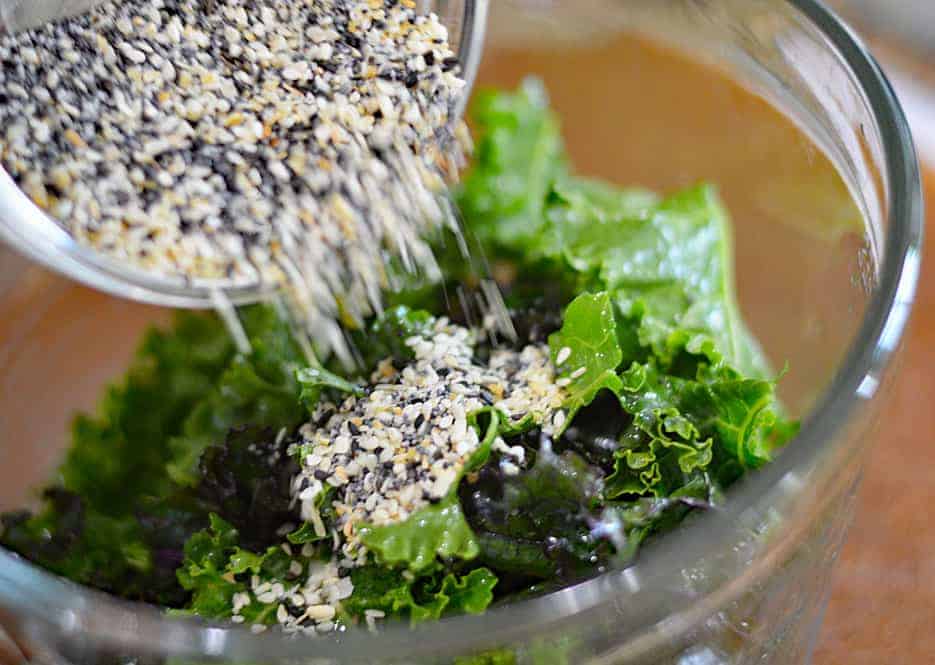 Add Everything Bagel Seasoning to massaged kale coated with oil
