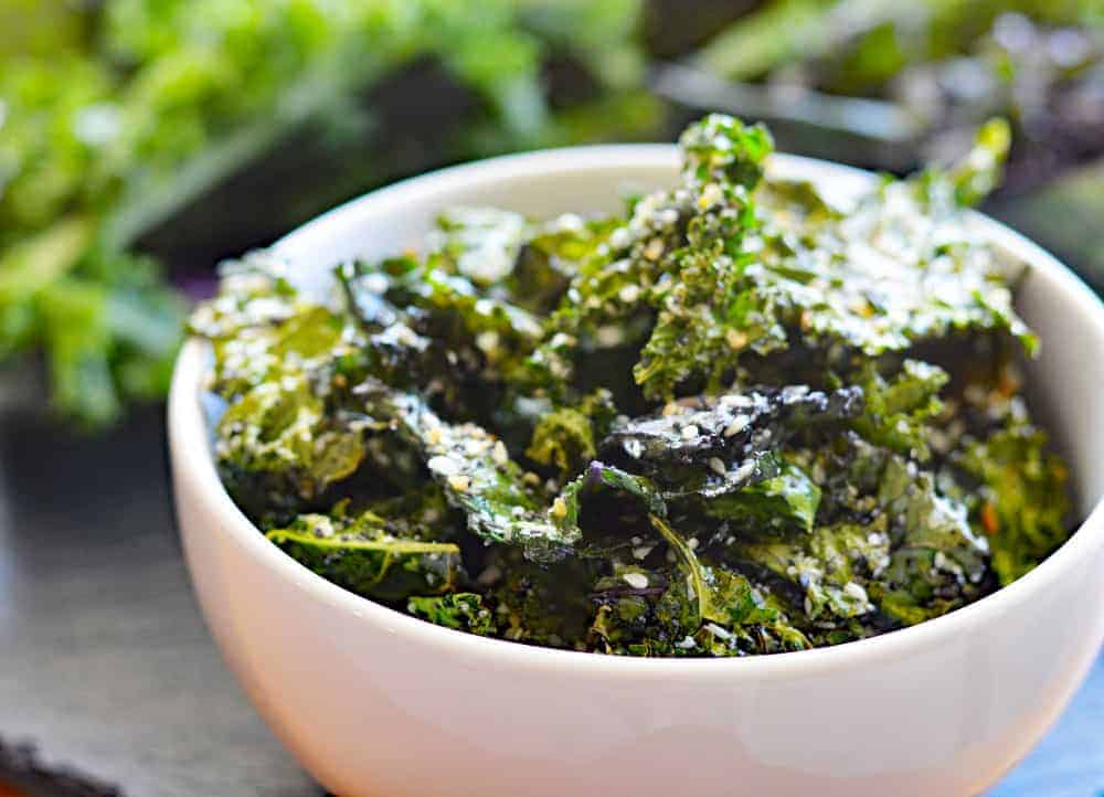 Bowl of baked Everything But The Bagel Kale Chips