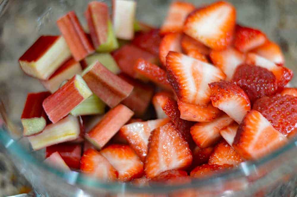 Sliced fresh strawberries and rhubarb