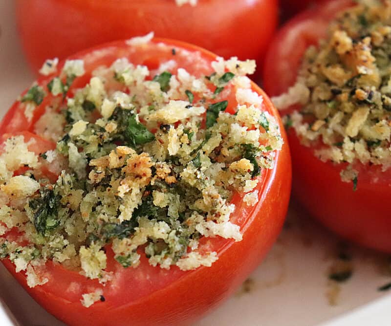 Close up of baked stuffed tomatoes