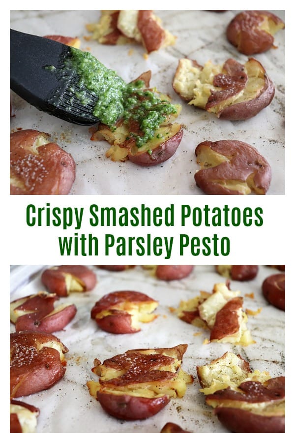 Crispy Smashed Potatoes with Parsley Pesto - Living Vegan