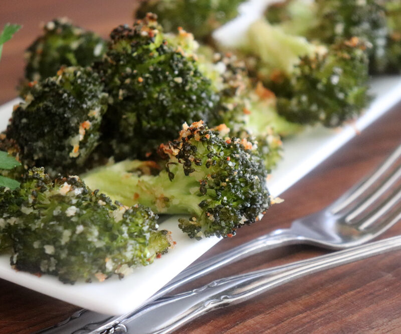 plated Vegan Parmesan Roasted Broccoli