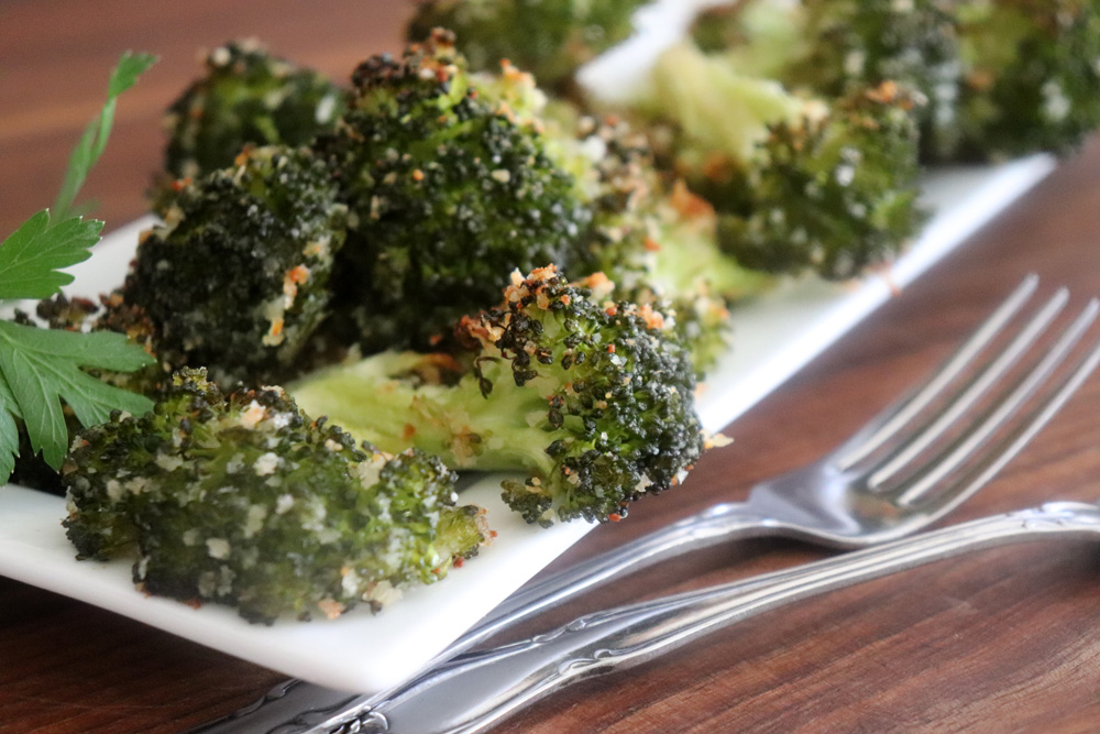 plated Vegan Parmesan Roasted Broccoli