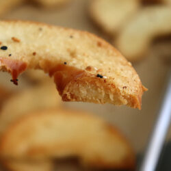 Bite shot of Homemade Oven Baked Bagel Chips Recipe