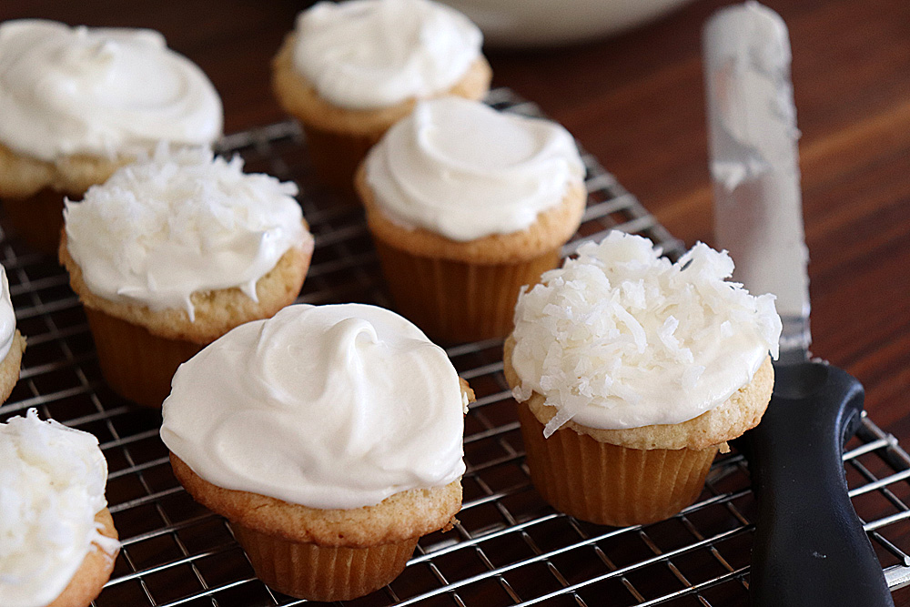 Iced Vegan Coconut Cupcakes with Coconut Frosting